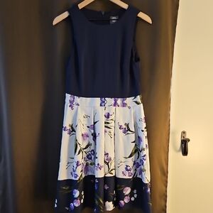 Vince Camuto Navy and Purple Floral Dress, Size 8